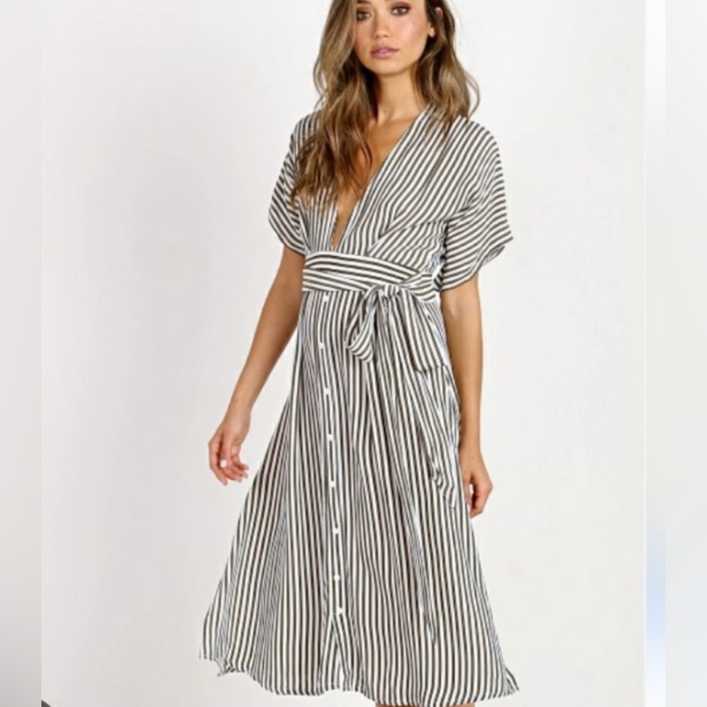Elan | Striped Tie-Waist Midi | Deep V, Open-Back Tassel | Grey/White | S